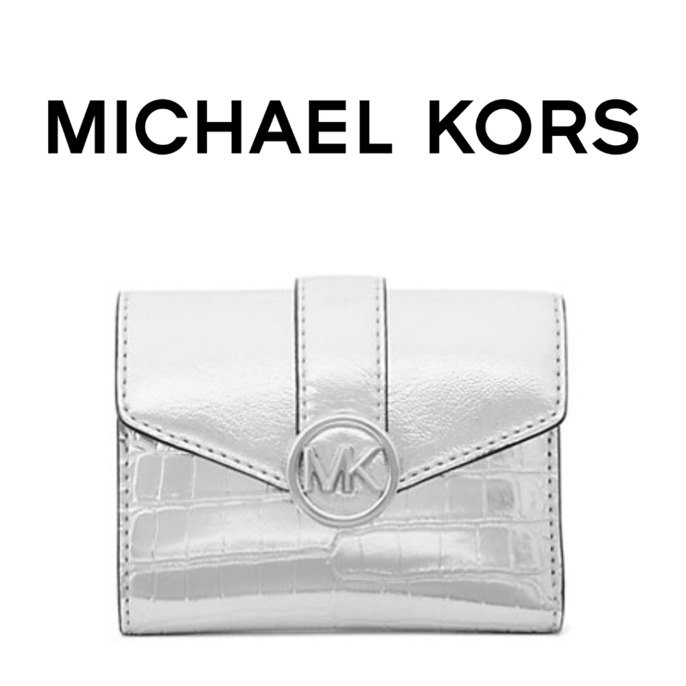MICHAEL KORS- Carmen Medium Metallic Crocodile Tri-Fold Envelope Wallet - Silver - Picture 1 of 6